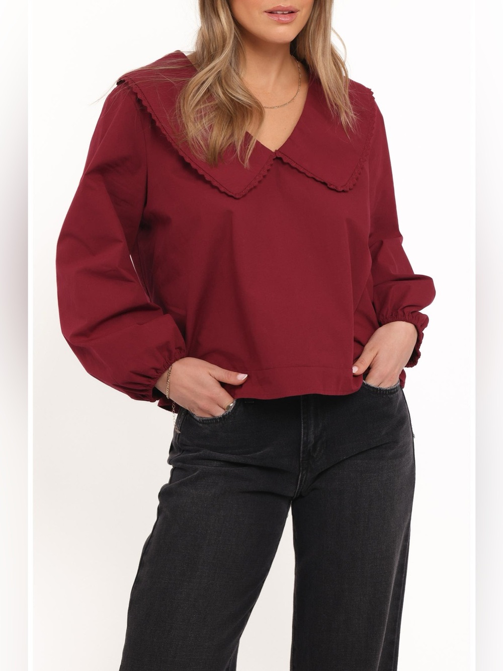 Petal & Pup Women's Kenna Collared Cotton Poplin Top Burgundy Size XS